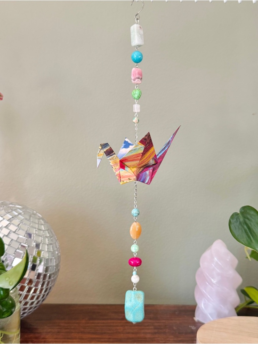 Origami Ornament #2461 - Large Crane with Stone Beads